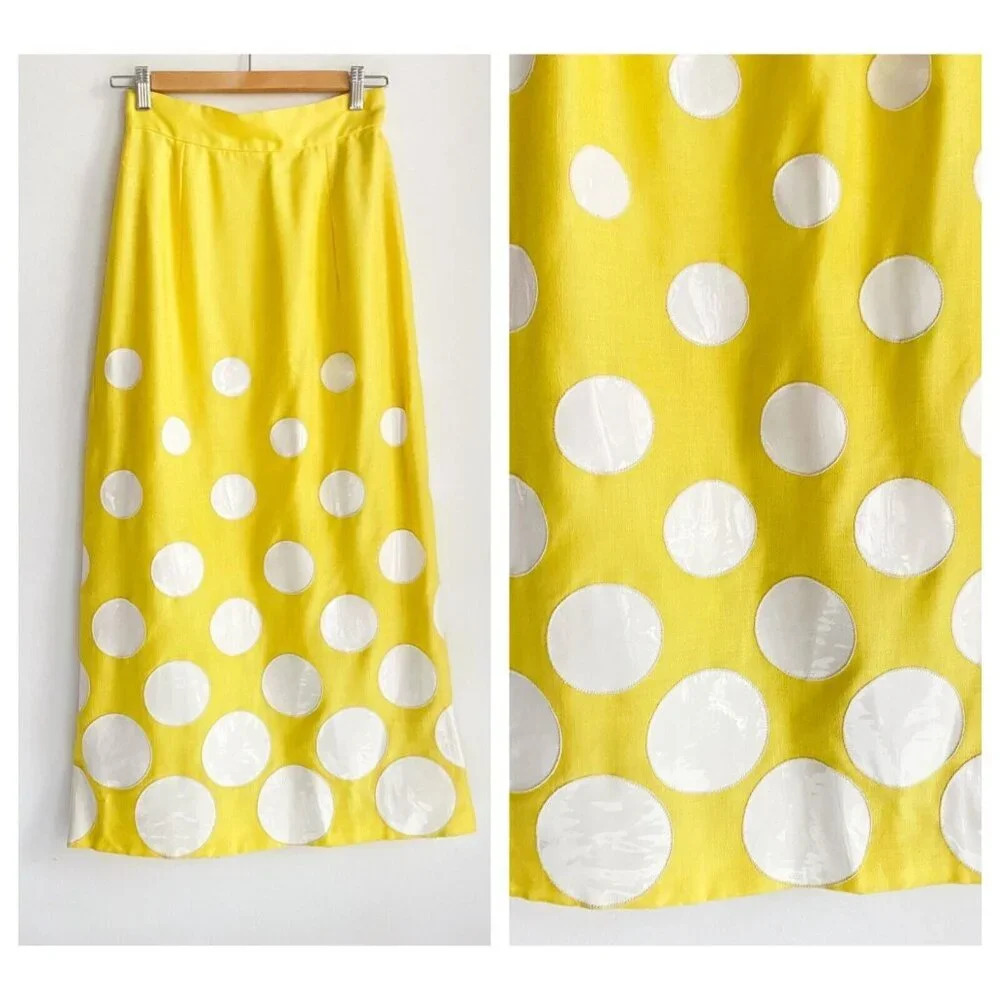 Vintage Yellow Vinyl Circle Print Midi Skirt With High Slit S